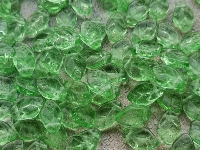 30 Czech glass leaf pale green translucent beads 12 x 7 mm