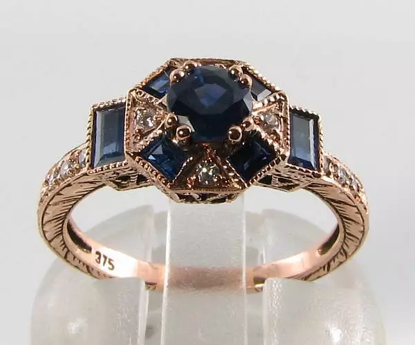 CUSTOM ORDER 9CT 9K ROSE GOLD SAPPHIRE & DIAMOND ART DECO RING Size K  5.5 US