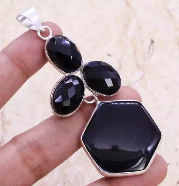 Black Onyx Art Piece 925 Silver Plated Pendant of 2.9"