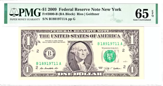 2009 $1 Federal Reserve Note New York PMG Gem Unc 65EPQ #B18919711A