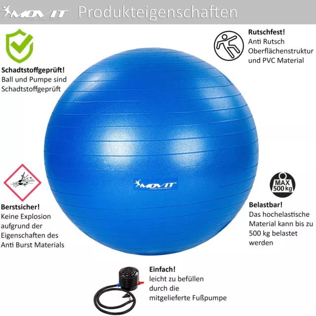 MOVIT Gymnastikball Fitnessball Sitzball Sportball mit Pumpe 55cm 65cm 75cm 85cm 3