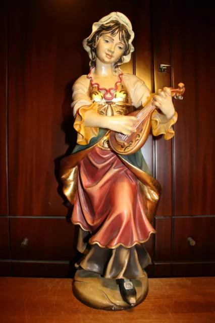Vtg 24" Black Forest Wood Hand Carved Girl Woman Musician Mandolin Statue Figure