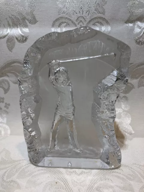 Vintage Nybro Sweden 1985 Art Glass Crystal Paperweight Sculpture Man Golfing
