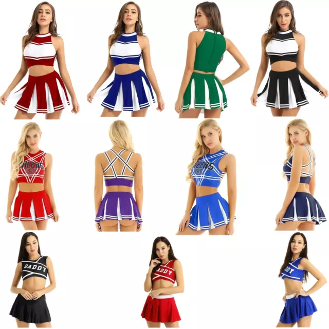 US Women Adult 2Pcs Charming Cheer Leader Uniform Dress Crop Top with Mini Skirt
