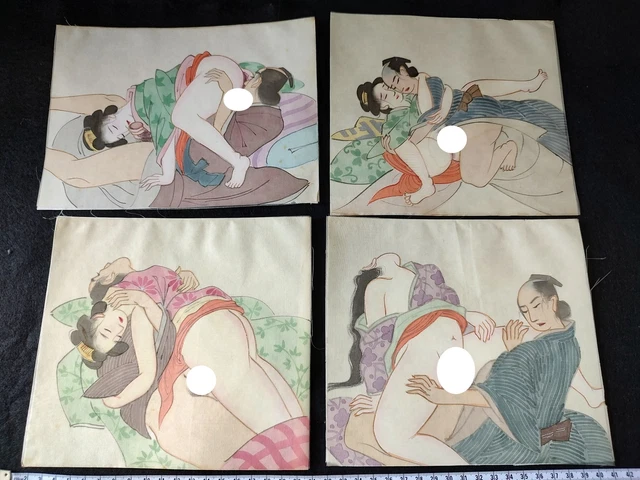 Japanese Shunga Silk Paper 4 pictures set UKIYOE Erotic woodblock print-f0713-3