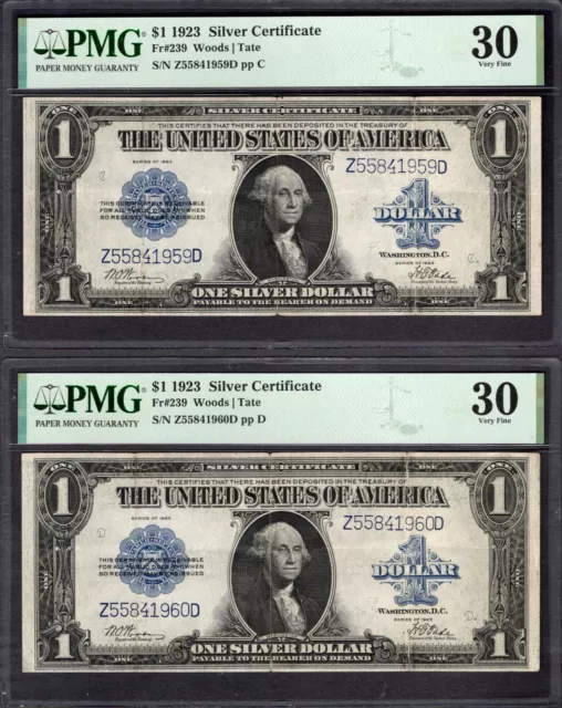 Lot of Two Consecutive 1923 $1 Silver Certificates PMG 30 Fr239 Series Key Notes