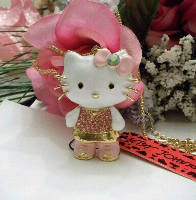 Betsey Johnson Cute Crystal & Enamel Bow Tie Miss Kitty Pendant Necklace