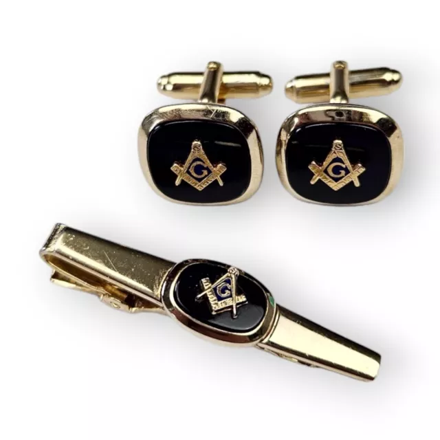 Freemason Cufflinks Tie Bar Clip Set Vintage Anson Gold Plated Black Masonic