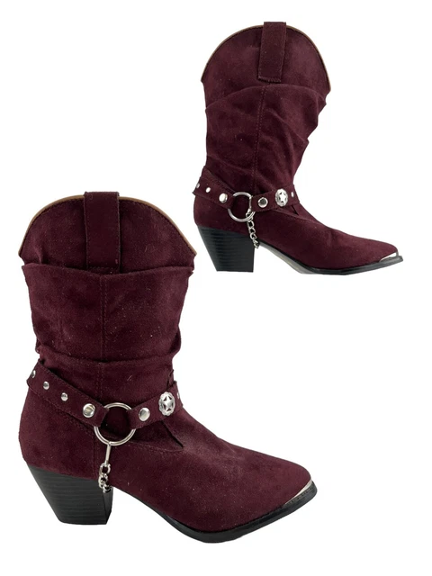 Ladies Dingo Burgundy Suede Harness Almond Toe Western Cowgirl Boots Size 7 M