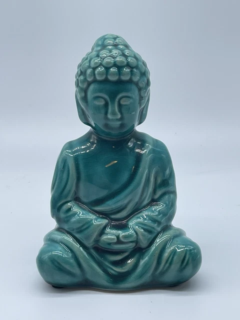 Chinese Green Porcelain Sakyamuni Figurine Sitting Buddha Statue Crackle Glazed