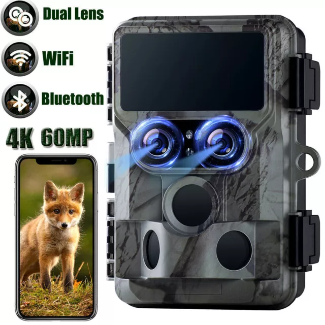 4K UHD Wildkamera 60MP WLAN Bluetooth Jagdkamera Nachtsicht Akku Duales Objektiv