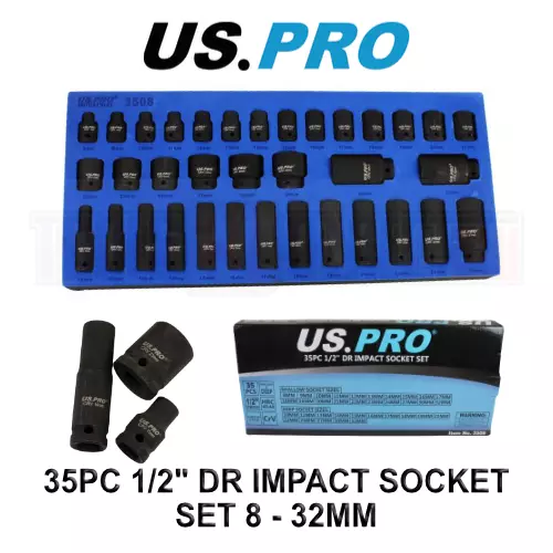 US PRO Tools 35pc 1/2" Dr 6 Point Deep & Shallow Impact Sockets Set In EVA Foam