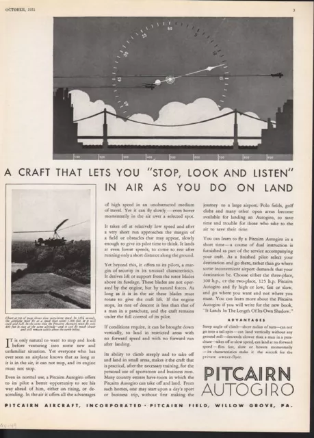 1931 Aviation Pitcairn Autogiro Willow Grove Pa Airplane Aircraft Ad Av-49