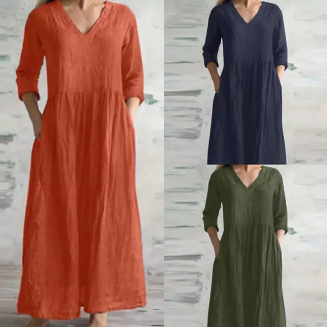 Abito Lungo In Lino Di Cotone Da Donna Abito Maxi Caftano Casual Con Scol ^