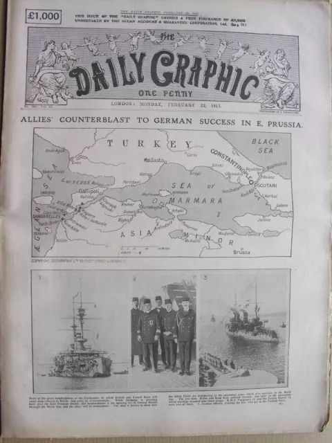 1915 22nd February DAILY GRAPHIC NEWSPAPER East Prussia, Dardanelles, SS Cambank