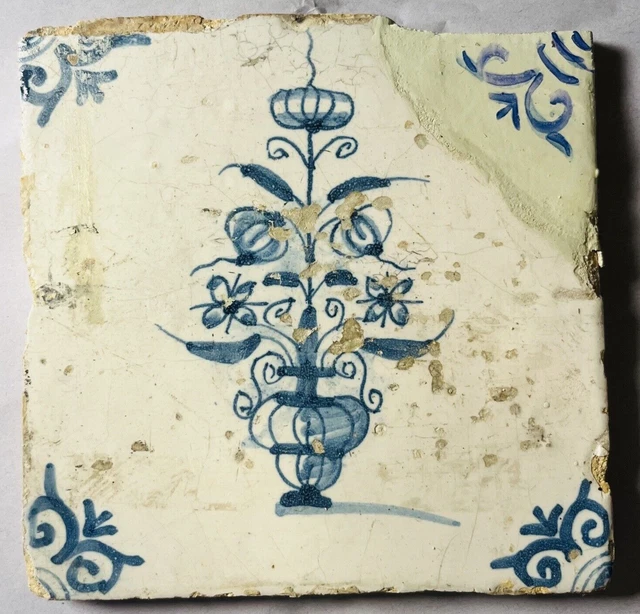 Early 17th Century Dutch Blue and White Delft Tile - Flowers in a Vase B5
