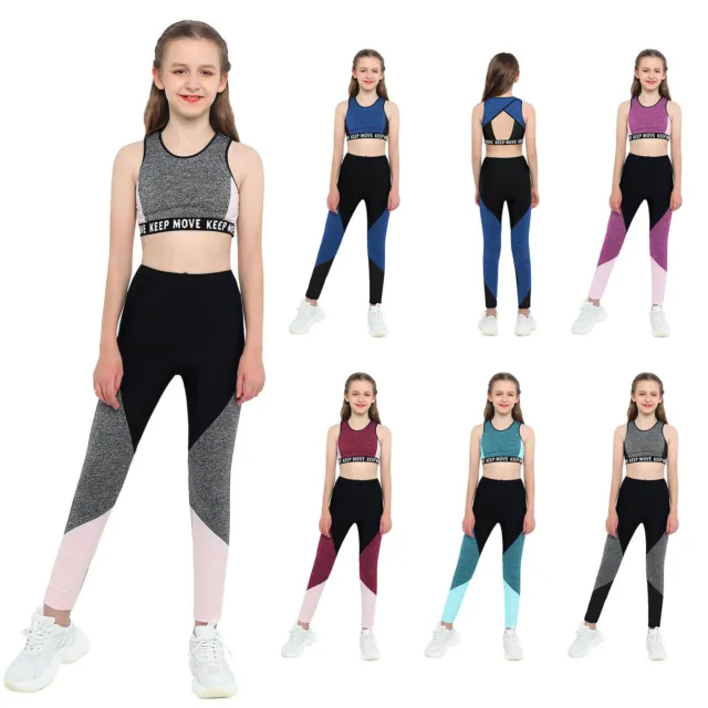Kids Girls Athletic Sports Suit 2 Pieces Tracksuit Tank Top Leggings for Dance