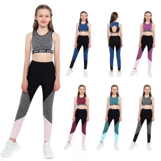 Kids Girls Workout Running Tracksuit Tank Top With Elastic Pants Sportswear Suit