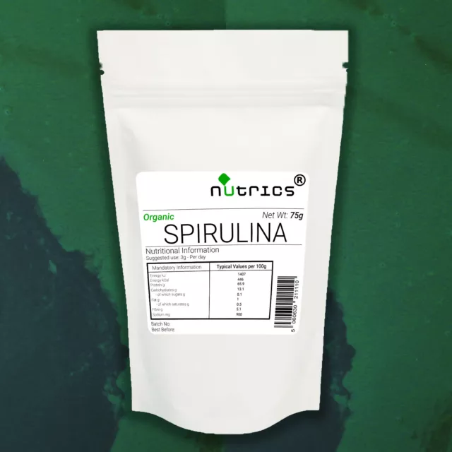 Nutrics® Organic 100% Pure SPIRULINA Powder 75g Superfood Detox Immune Booster