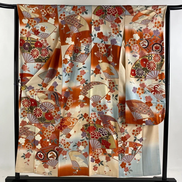 Japanese Silk Kimono Vintage Furisode Gold Fan KIku Flower Embroidery Cream 60"