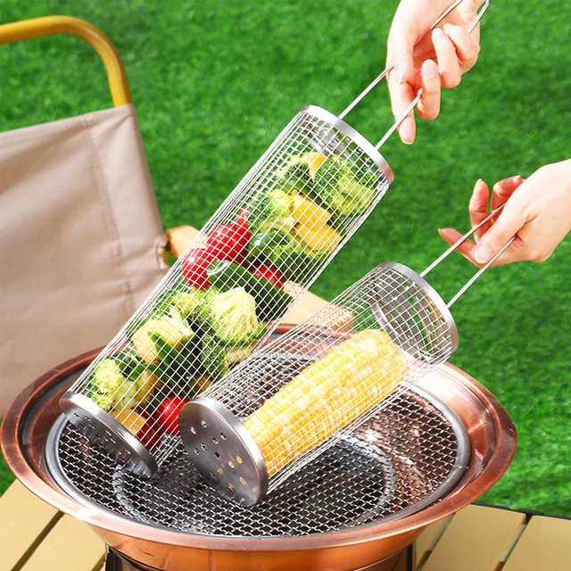 BBQ-Korb, Edelstahl, rollender Grillkorb, Drahtgeflecht, Zylinder-Grillwerkzeug