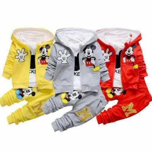3Pcs Outfit Kids Boys Girls Mickey Mouse Winter Coat + T-Shirt + Pants Tracksuit