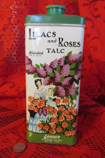 Collectible Vintage Lander LILACS and ROSES Blended TALC Powder Tin, large