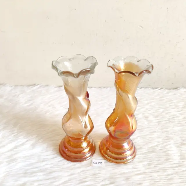 Vintage Marigold Carnival Glass Flower Vase Pair Elephant Figure Design GV199