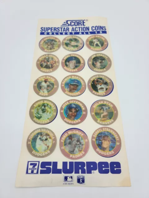 Rare 1991 Score 7 Eleven Slurpee Superstar Action Coins Promo Sheet & Coins.
