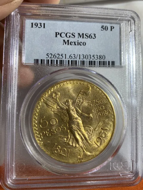 1931 Mexico Key Date 50 Peso Gold Coin Pcgs Ms63
