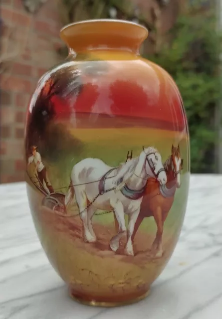 Antique Royal Doulton Holbein Vase Hand Painted Ploughman & Horses H.Morrey 14cm