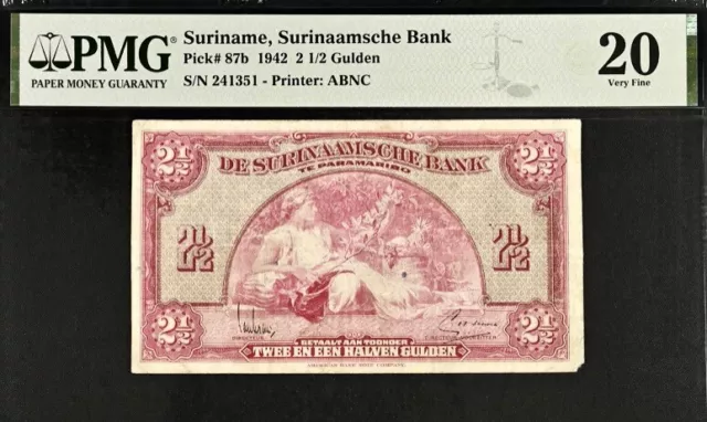 Suriname 2 1/2 Gulden Pick# 87b 1942 PMG 20 Very Fine Banknote
