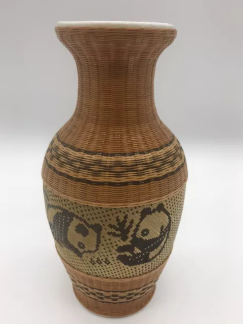 Vtg  Wicker Covered Oriental White Porcelain Vase Fine Weave Panda Bear Design