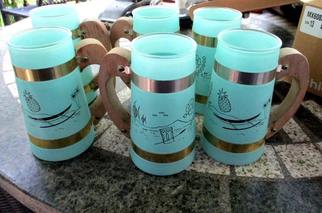 VINTAGE 6 Vintage Siesta Ware Frosted Glass Tiki Mugs Wood Handle, Mid Century VINTAGE 6 Vintage Siesta Ware Frosted Glass Tiki Mugs Wood Handle, Mid Century