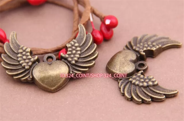 P597 5pc Antique Bronze heart wings Pendant Bead Charms Accessories wholesale