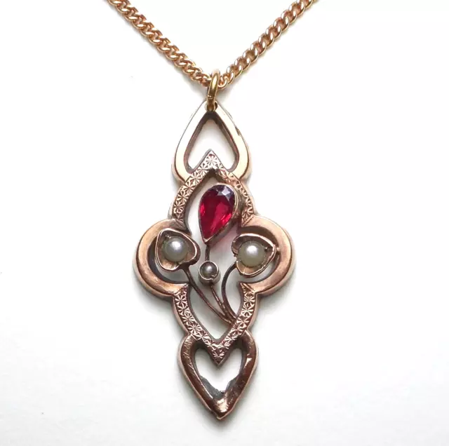 Jugendstil Collier Kette, Rubin, Süßwasser Perle, rose Gold Double Floral (01