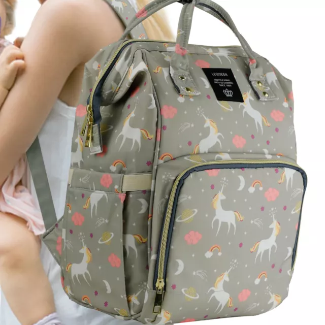 LEQUEEN Unicorn Mommy Baby Diaper Bag Backpack Maternity Baby Changing Bag Gray