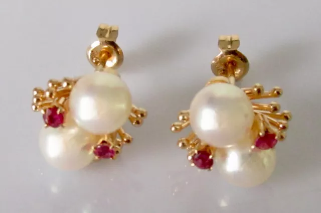 14K Gold Earrings - 14K Gold Cultured Pearl Ruby Flower Cluster Stud Earrings 3