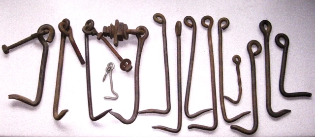 Antique OLD Vintage LOT of 14 Iron Gate Barn Door Hooks Latches Some with Catch