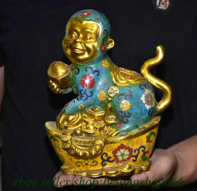 8.4" Chinese Bronze Cloisonne Gilt Fengshui 12 Zodiac Year Monkey Wealth Statue