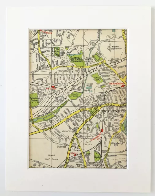 Antique 1940s London Map - Mounted - Colour - TWICKENHAM, HOUNSLOW