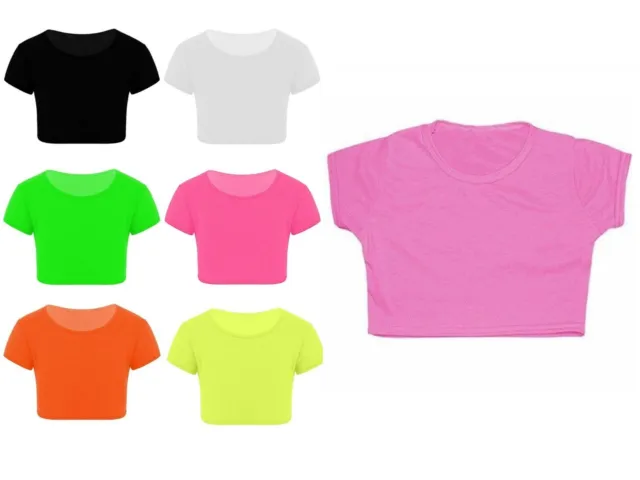 T-shirt Bambini Crop Top Neon Microfibra Ginnastica Danza Abbigliamento 3-13 Anni