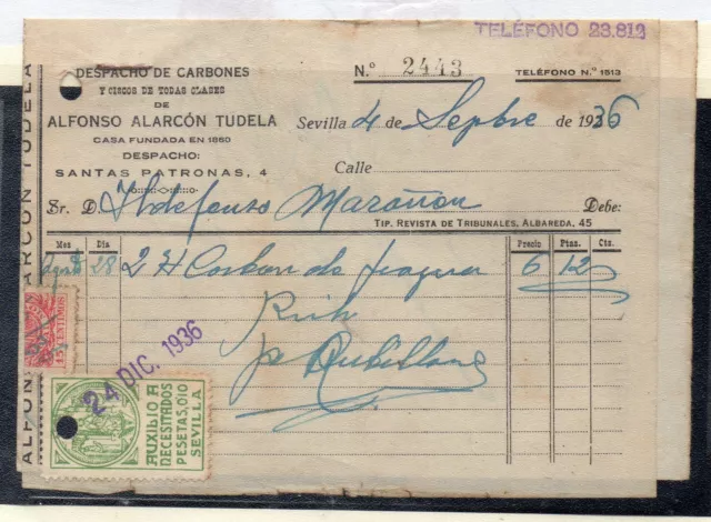 Despacho de Carbones y Ciscos Sevilla Recibo timbrado y firmado año 1936 (CZ-717