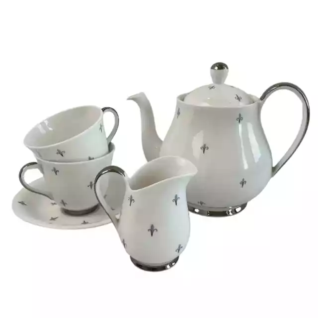 Queen Anne Fine Bone China England Tea Service Set Dainty Silver Metallic VTG