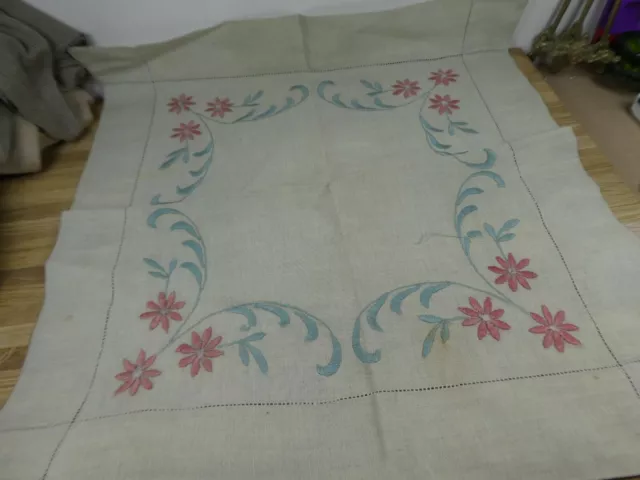 Small square linen flower embroidered table cloth, Ladderwork, ecru on colour.