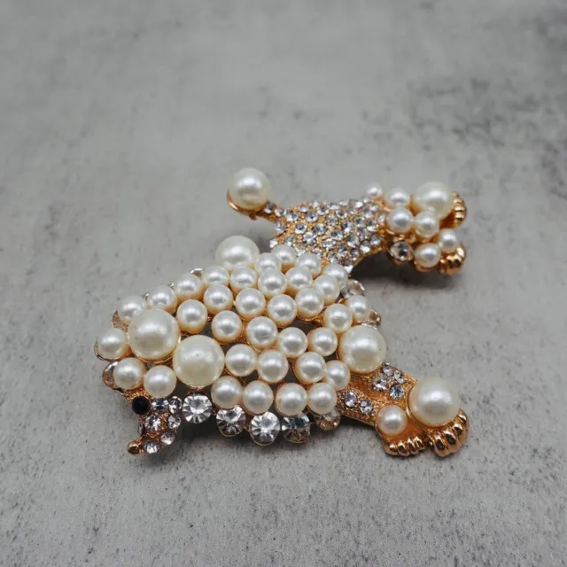 Brooch Womens Poodle Dog Faux Pearl Crystal Beads Gold Tone 3" Statement Jewelry