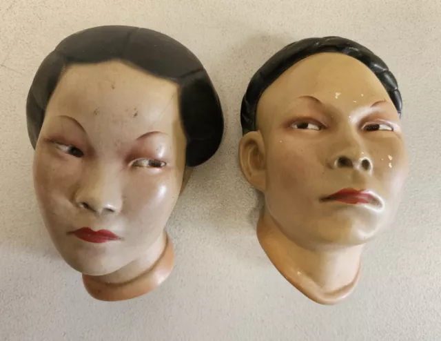 Vintage Asian Couple MAN & WOMAN Oriental Chalkware Head Plaques