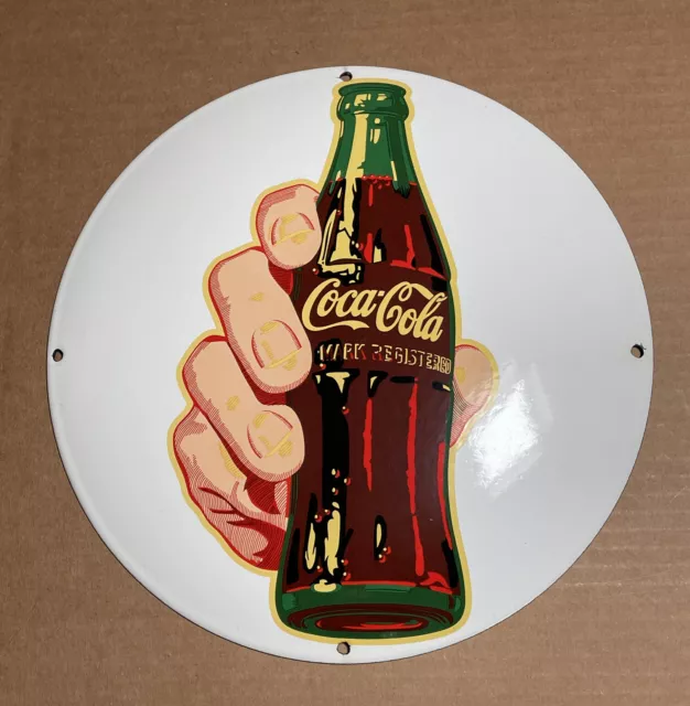 Coca-Cola Porcelain Sign 12” Dia Dome Button Coke Advertisement Sign Used