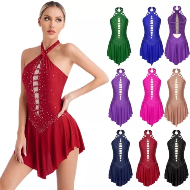 UK Women Shiny Figure Ice Skating Dress Halter Neck Lyrical Modern Dance Dress 2