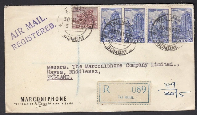 0993 - INDIA 1952 REGISTERED COVER TAJ MAHAL BOMBAY cds RADIO AD TO HAYES UK